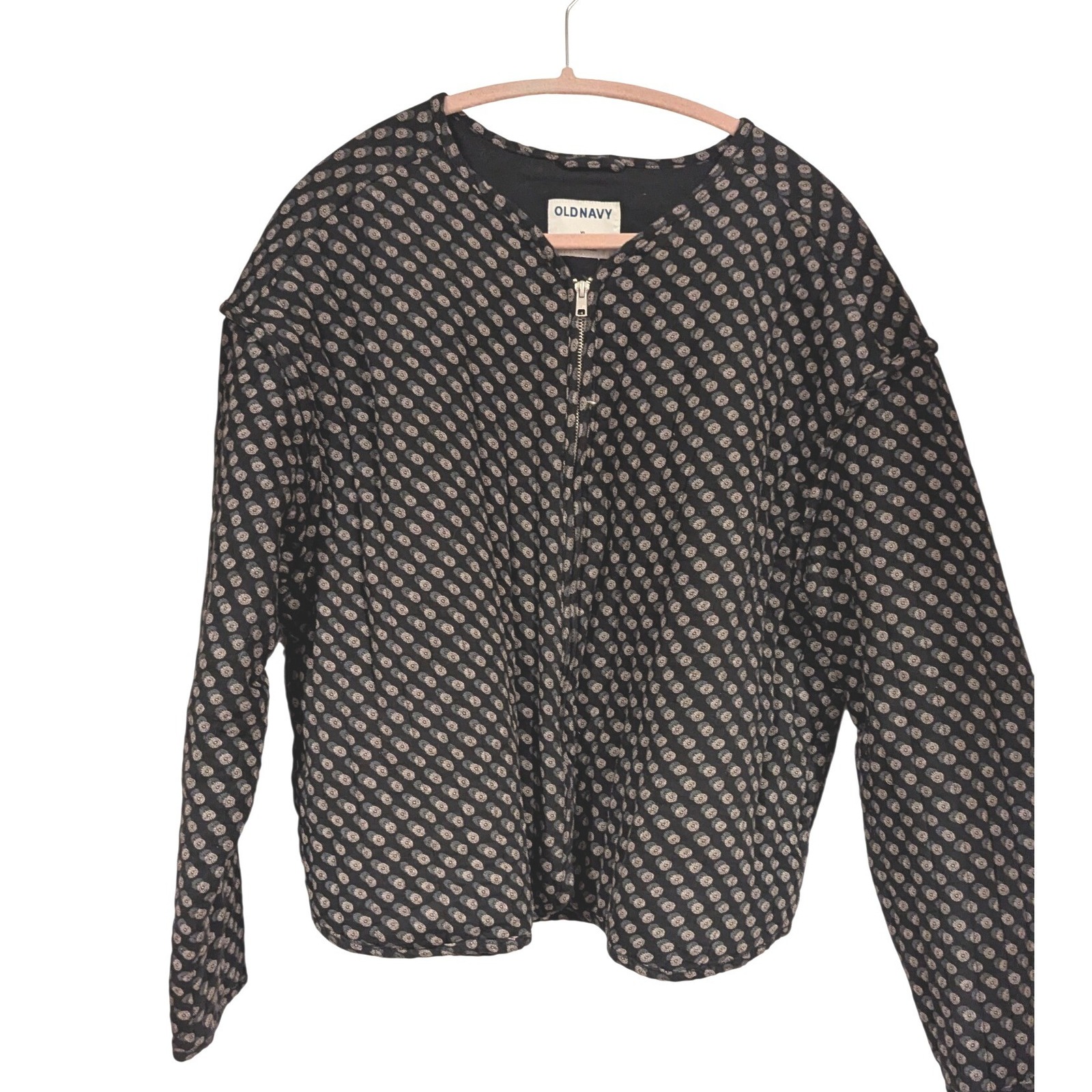 Old Navy Quilted Jacket Xl Black Grey Medallion Floral Zip Up Boho Lightweight